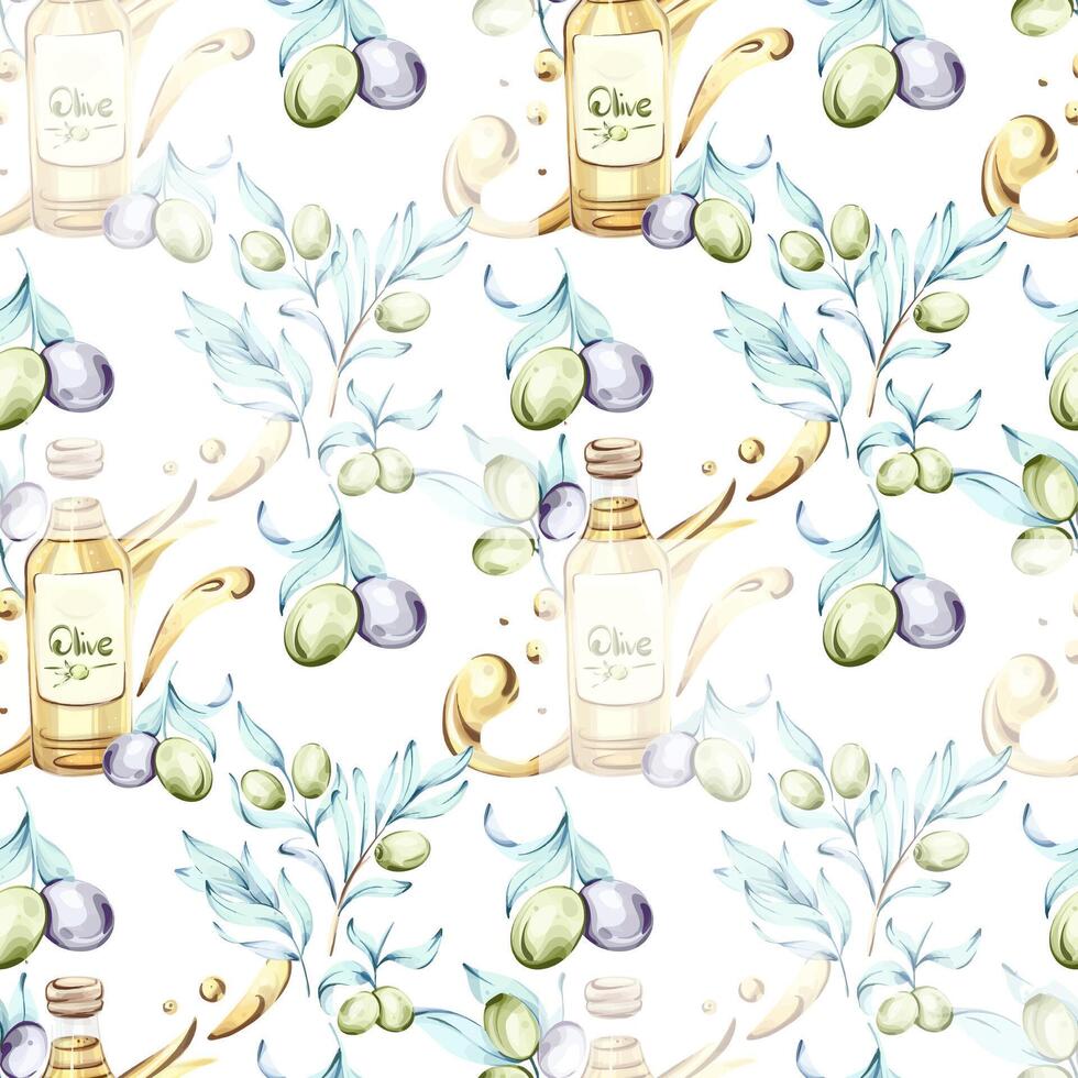 Seamless pattern of olives and olive oil in watercolor technique for background and wallpaper that celebrates Italian cuisine and natures beauty vector