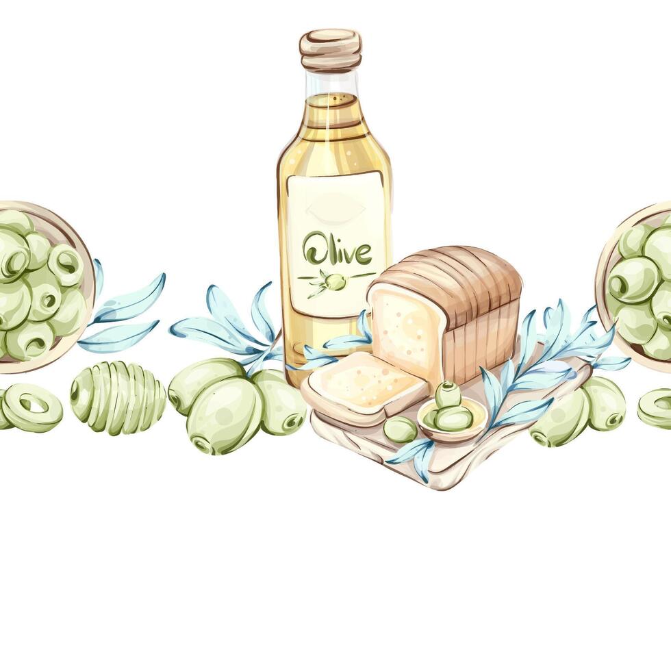 Olives and olive oil seamless pattern with frame and border featuring natural beauty culinary delights and the charm of Italian cuisine vector