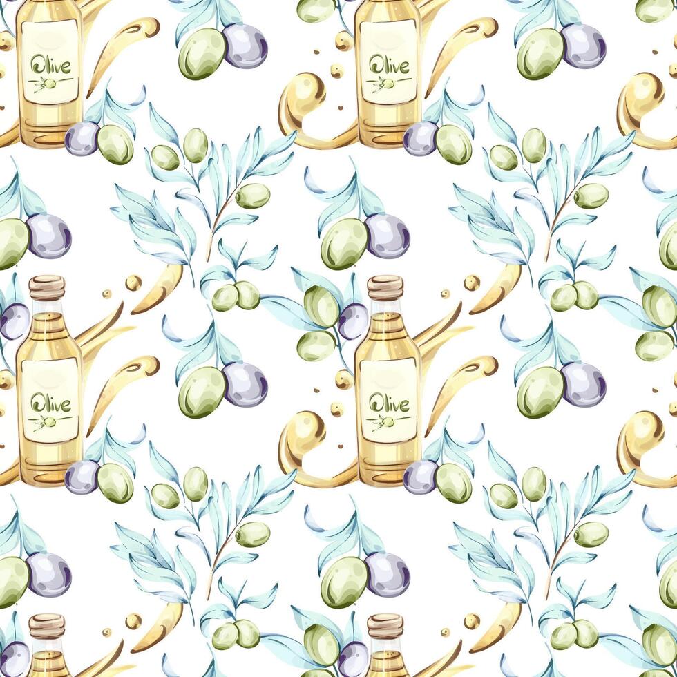 Olives and olive oil seamless pattern background wallpaper showcasing Italian cuisine nature and nutrition in vibrant watercolor style vector
