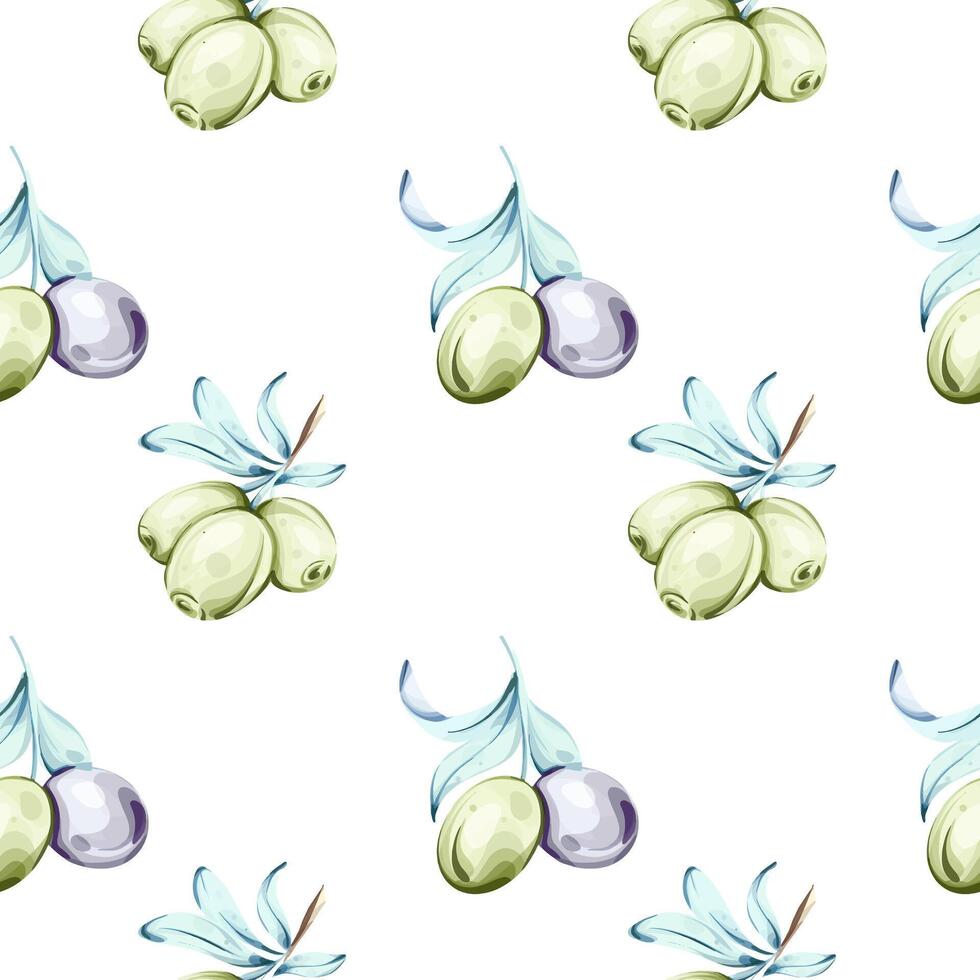 Seamless pattern of olives and olive oil in watercolor style for beautiful backgrounds and wallpapers inspired by Italian cuisine and nature vector