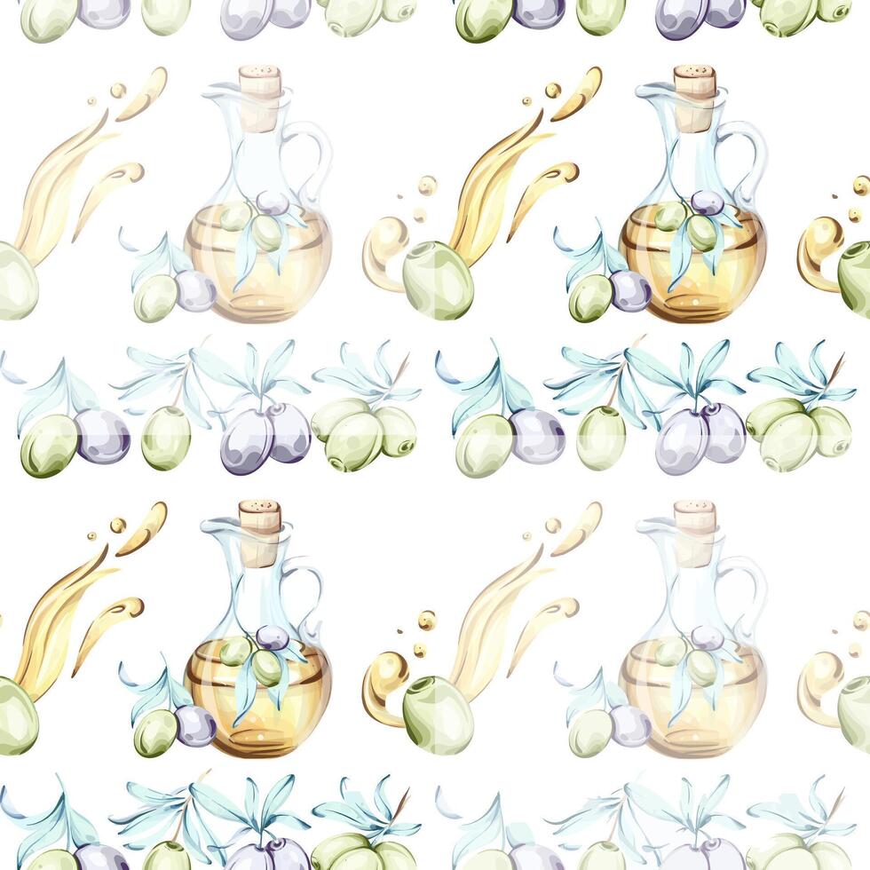 Seamless pattern of olives and olive oil illustrating Italian cuisine and nature creating a beautiful background for wallpaper or other designs vector