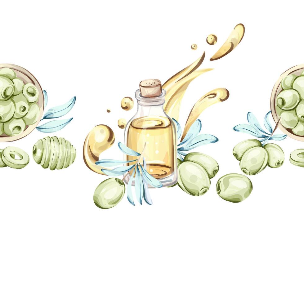 Olives and olive oil depicted in a vibrant watercolor illustration showcasing Italian cuisine and natural beauty frame, border, arrangement, seamless pattern vector