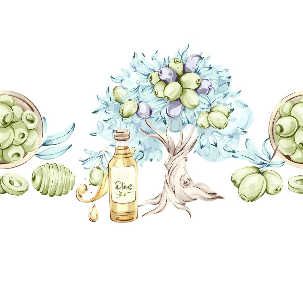 Olives and olive oil an olive tree seamless pattern with frame and border inspired by Italian cuisine and nature. The vibrant green and purple hues highlight the natural beauty of olives. vector