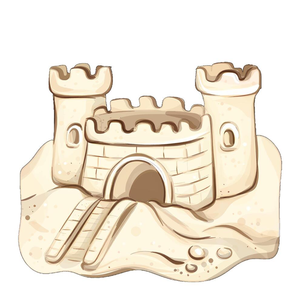 Delight in the creativity of building a sandcastle on a sunny beach, with gentle waves lapping at the shore and a clear blue sky overhead. vector