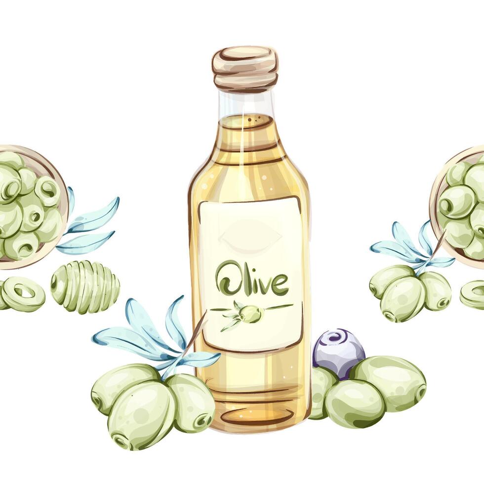 Olives and olive oil illustrated in watercolor with frame border arrangement for a seamless pattern inspired by Italian cuisine and natures beauty vector