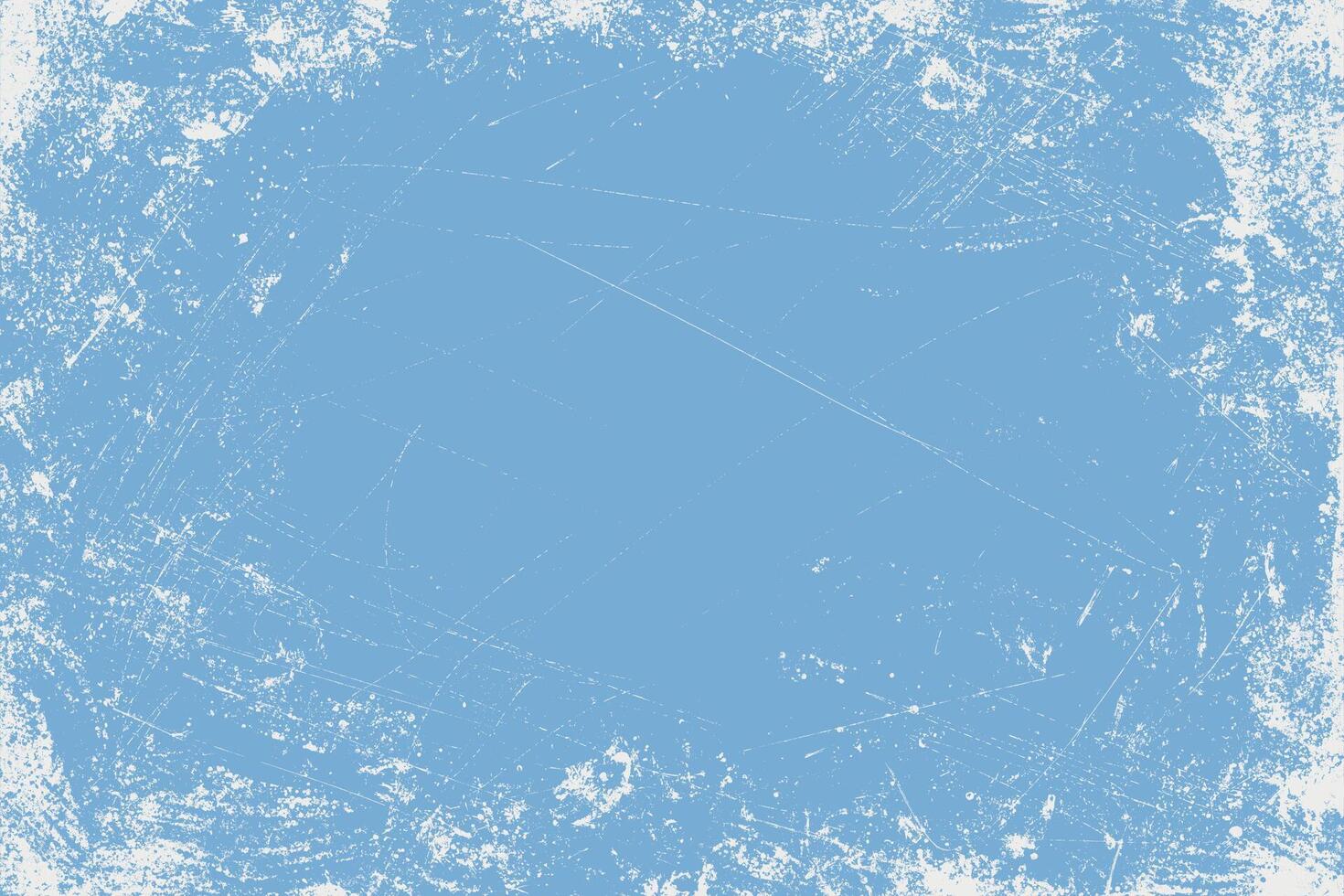 Hand drawn grunge background. Distress blue and white weathered rough overlay texture with scratch lines. Grunge frame design with white paint spots. Winter texture vector
