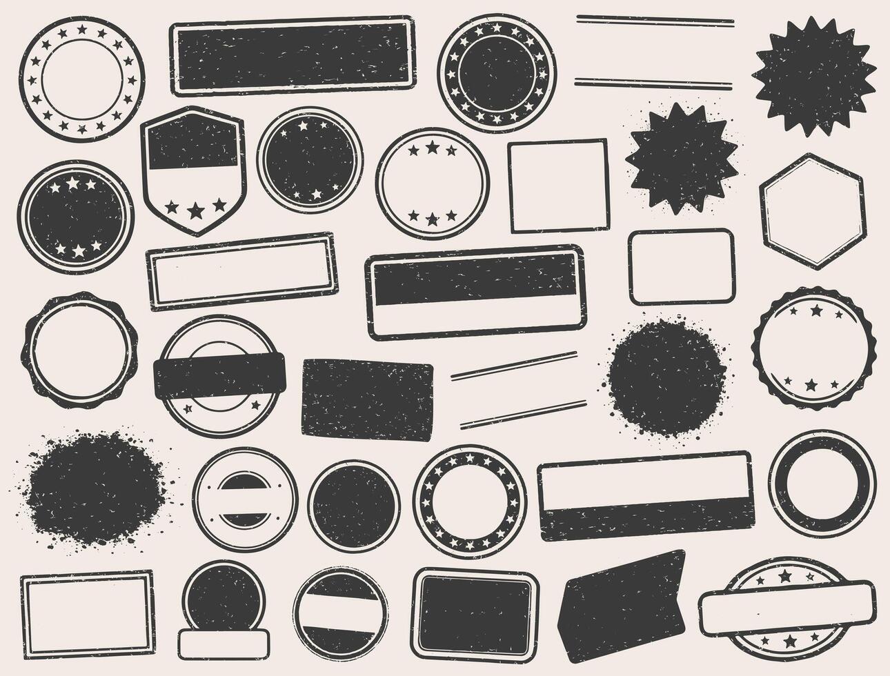 Retro Grunge Stamps frames icon shape set. Black round and square empty stamp border pack. Blank Stamp template grunge ink rubber labels collection. image Isolated on white background. vector