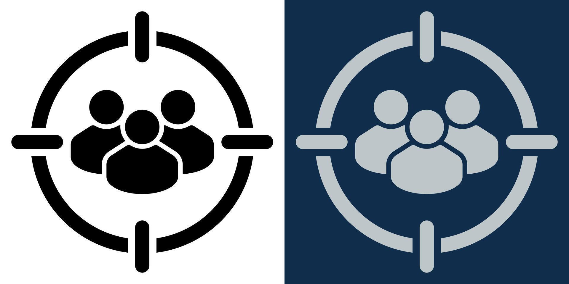 Target audience icon. Focus group in crosshair. CRM segmentation, marketing target, customer identification or data analysis concept. Flat design in black and blue color. vector