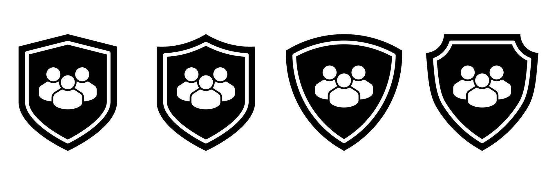 User protection icons. Black shields with group symbols representing online safety, privacy protection, secure access, data defense, social security and user privacy for websites and apps. vector