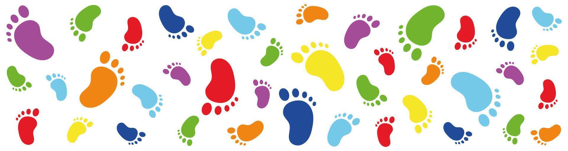 Colorful baby footprints banner. Multicolored foot prints. Cute children's feet design for kids decor, baby shower, textile, background, web banner, or nursery vector