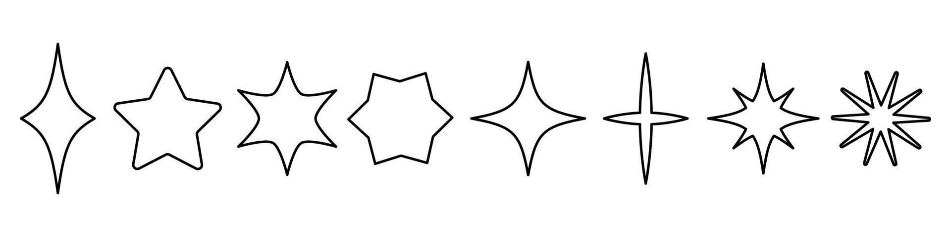 Set of outline star shapes and sparkle icons. Thin line hand-drawn magic stars, decorative twinkle elements. Black outline doodle style for design, magic, Christmas, or fairy tale themes. vector