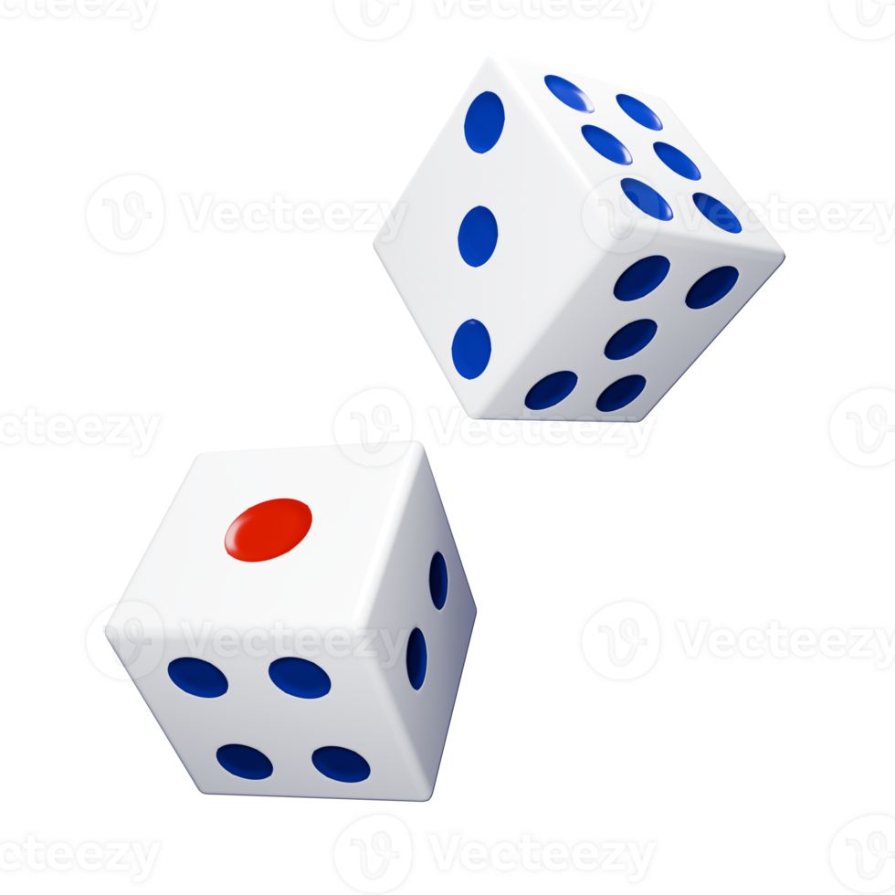 Two White Dice with Blue Dots 3d Render Illustration png