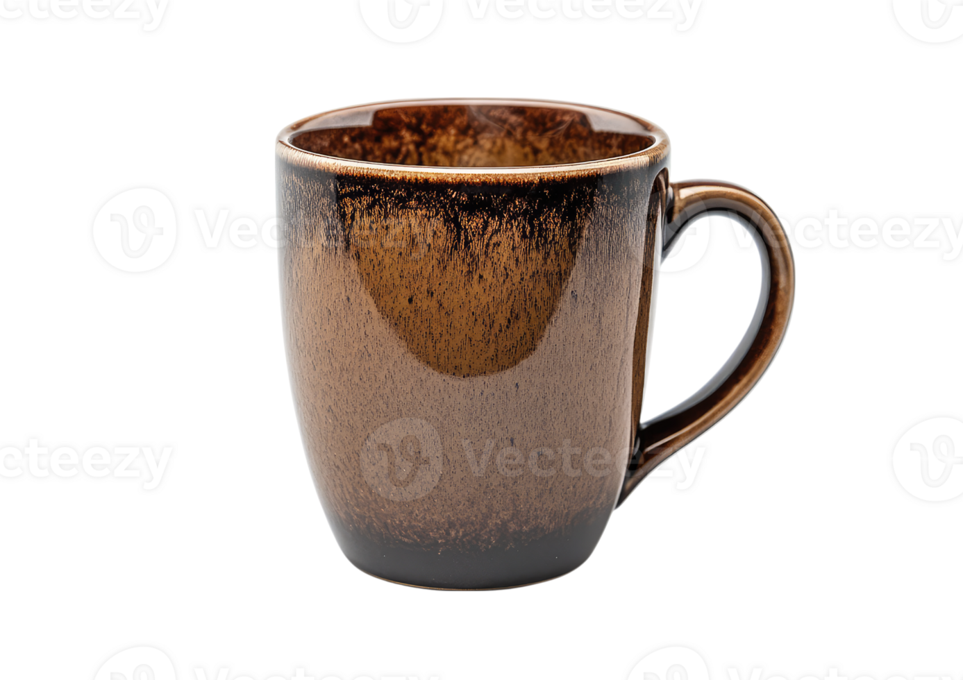 Brown ceramic mug with subtle steam and textured surface placed in side perspective isolated on a transparent background png