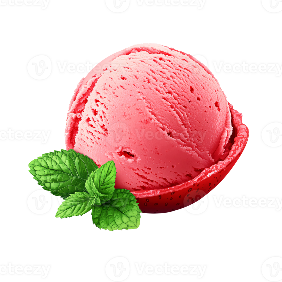 Delicious strawberry ice cream scoop with fresh mint leaves on a transparent background Refreshing summer dessert concept png