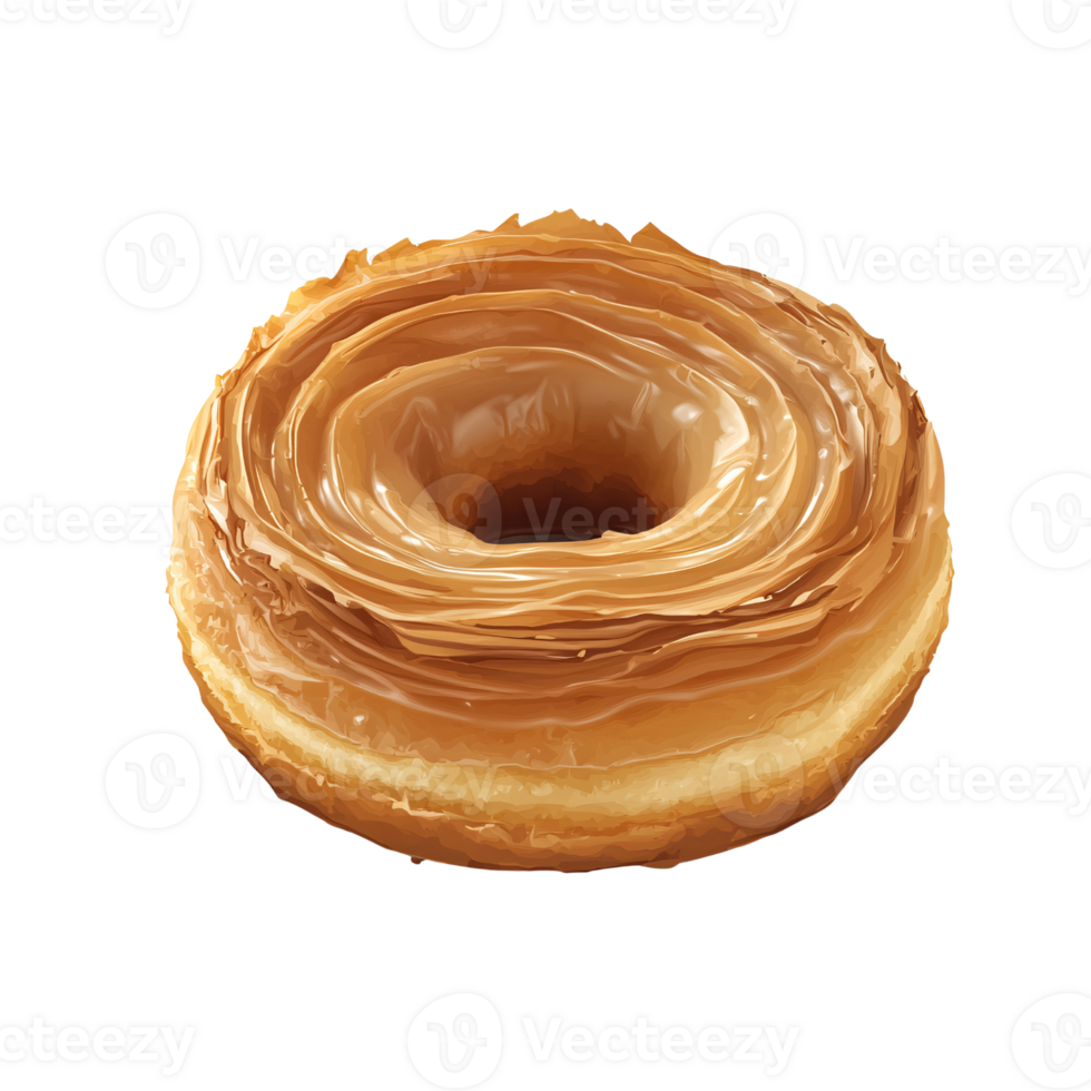 Delicious cronut with caramel glaze on a transparent background, a sweet pastry combining croissant and donut for breakfast or dessert png