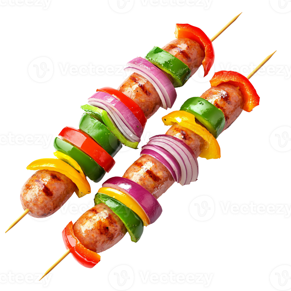 Two grilled sausage skewers with colorful bell peppers and red onion on a transparent background Concept of summer barbecue, healthy eating, and delicious food png