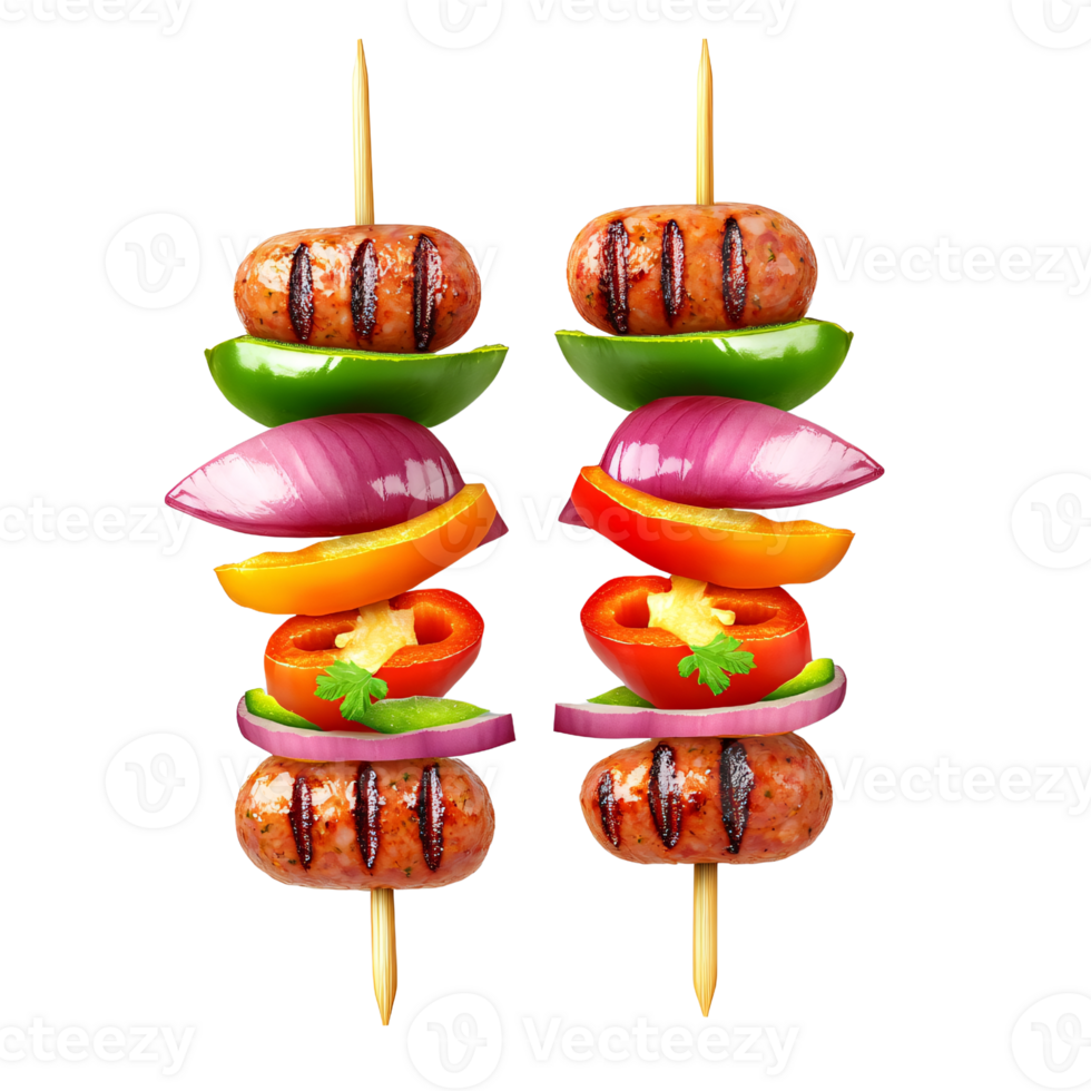 Grilled sausage skewers with colorful bell peppers and red onion on a transparent background Concept of healthy eating, summer grilling, and delicious barbecue png