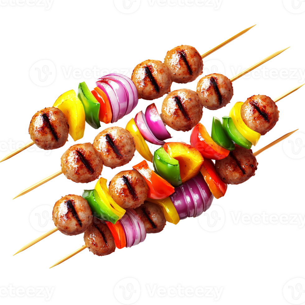 Grilled meatball skewers with colorful bell peppers and red onion on a transparent background Concept of healthy eating, barbecue, and summer grilling png