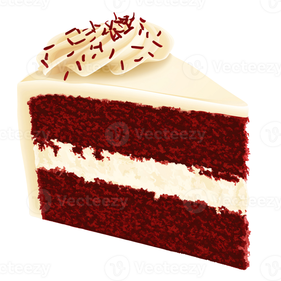 Delicious slice of red velvet cake with creamy frosting and sprinkles on a transparent background Concept of dessert, celebration, and indulgence png
