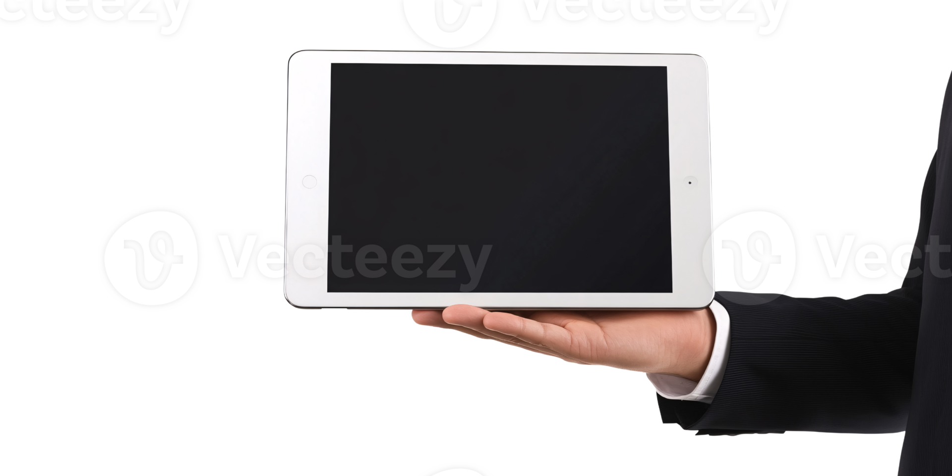 Businessman holding white tablet with blank screen on transparent background Concept of business, technology, presentation, and communication png