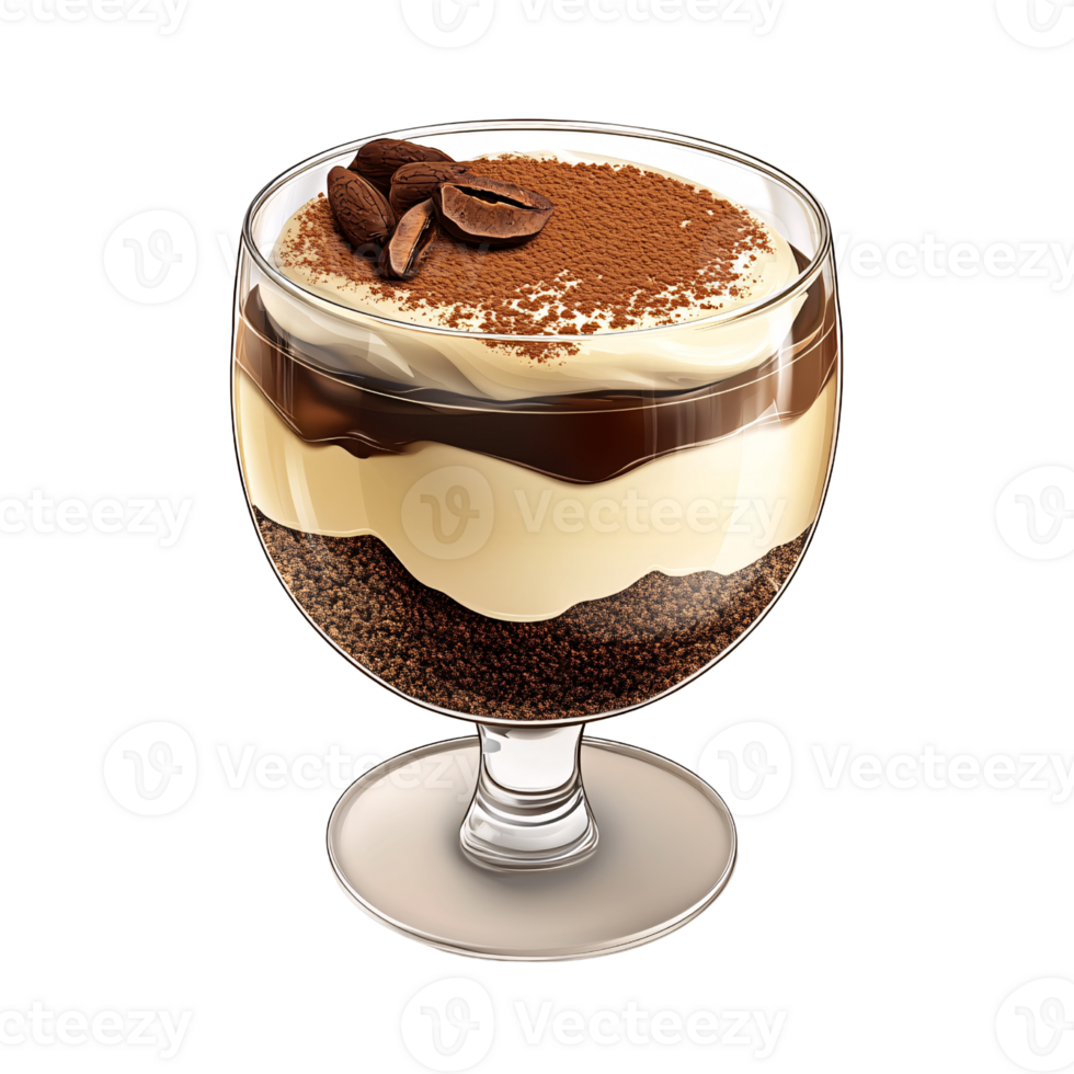Delicious tiramisu dessert in a glass with cocoa powder and coffee beans on a transparent background Concept of Italian cuisine, sweet treat, and indulgence png