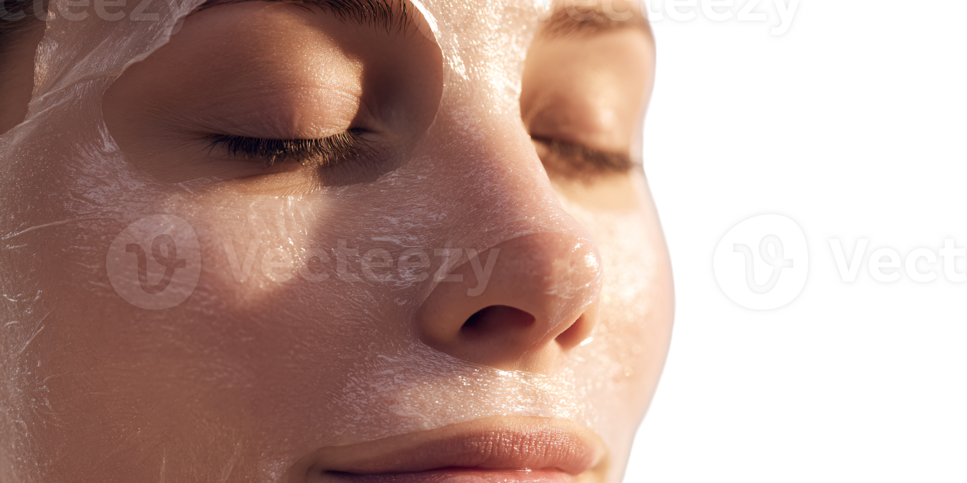 Caucasian woman with closed eyes applying hydrating sheet mask for skincare treatment and wellness routine in the morning sunlight Concept of beauty, selfcare, and rejuvenation png