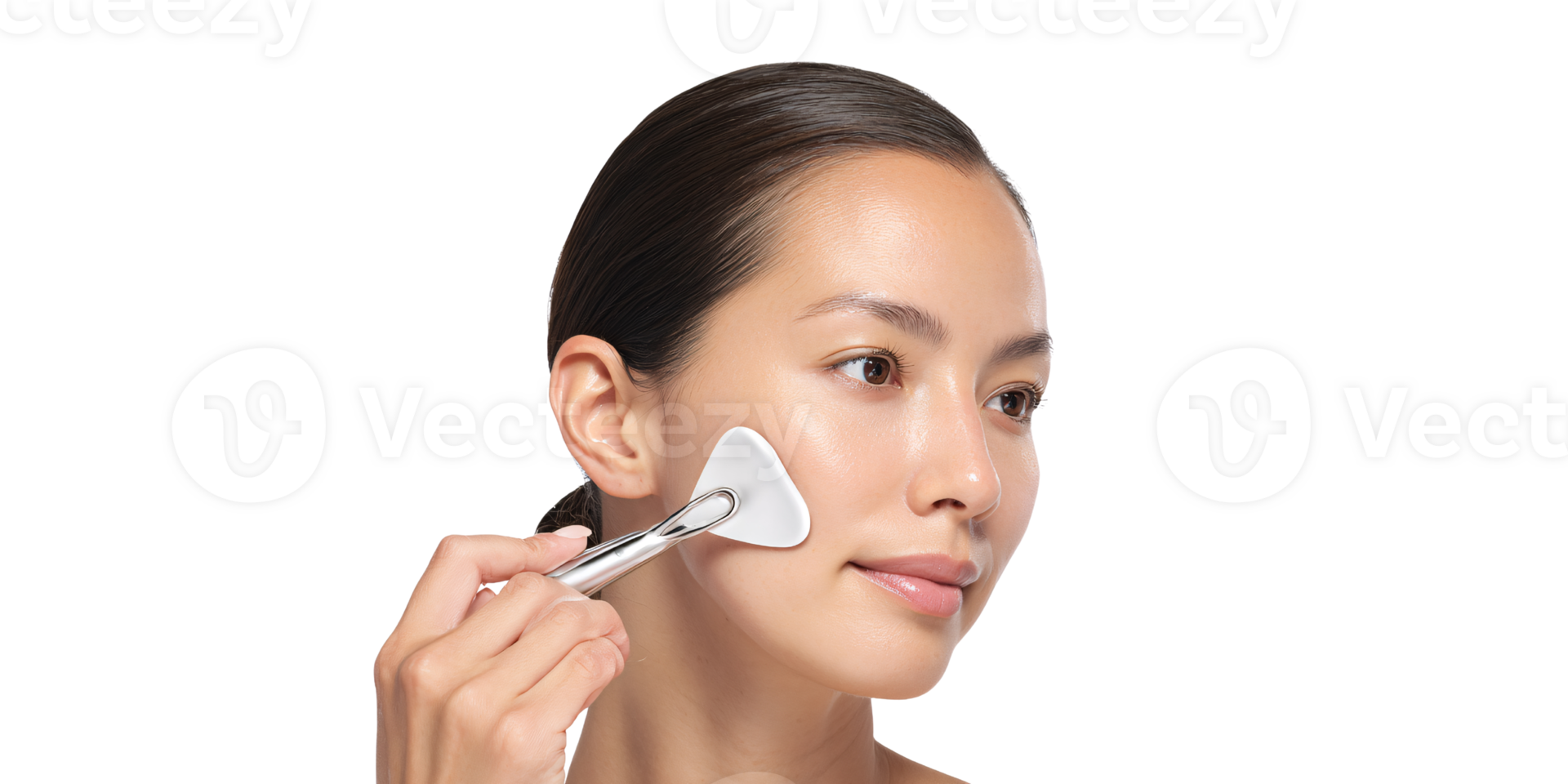 Asian woman using gua sha tool for facial massage at home Concept of skincare, beauty routine, and wellness for healthy glowing skin png