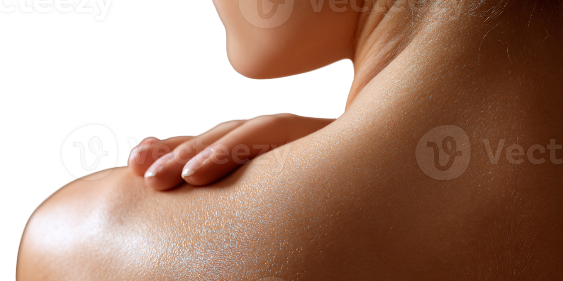 Caucasian woman touching shoulder with hand, feeling pain or applying lotion Concept of skincare, massage, and health png