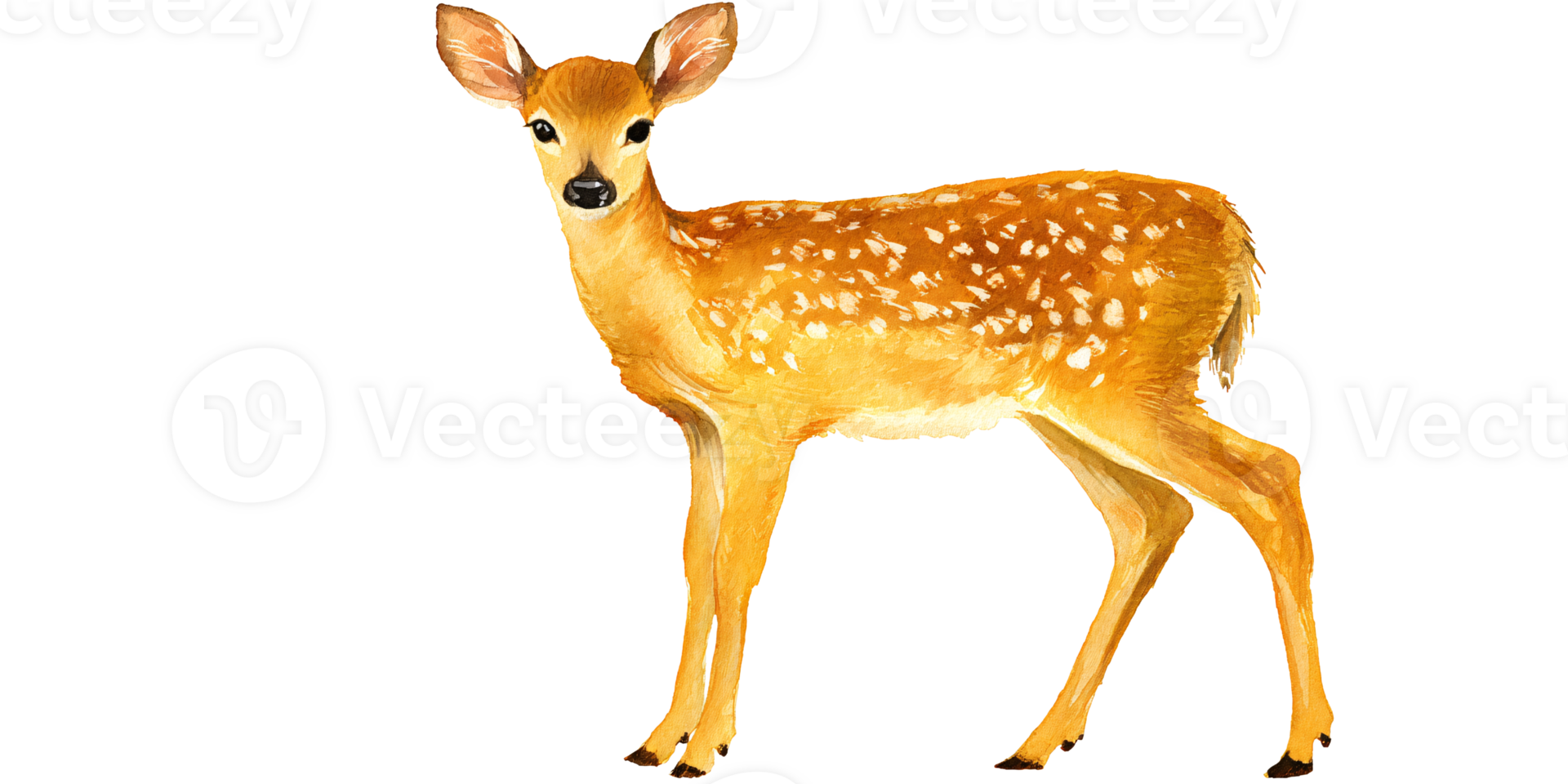 Watercolor illustration of a cute fawn with white spots standing on a transparent background Concept of wildlife, nature, and innocence png