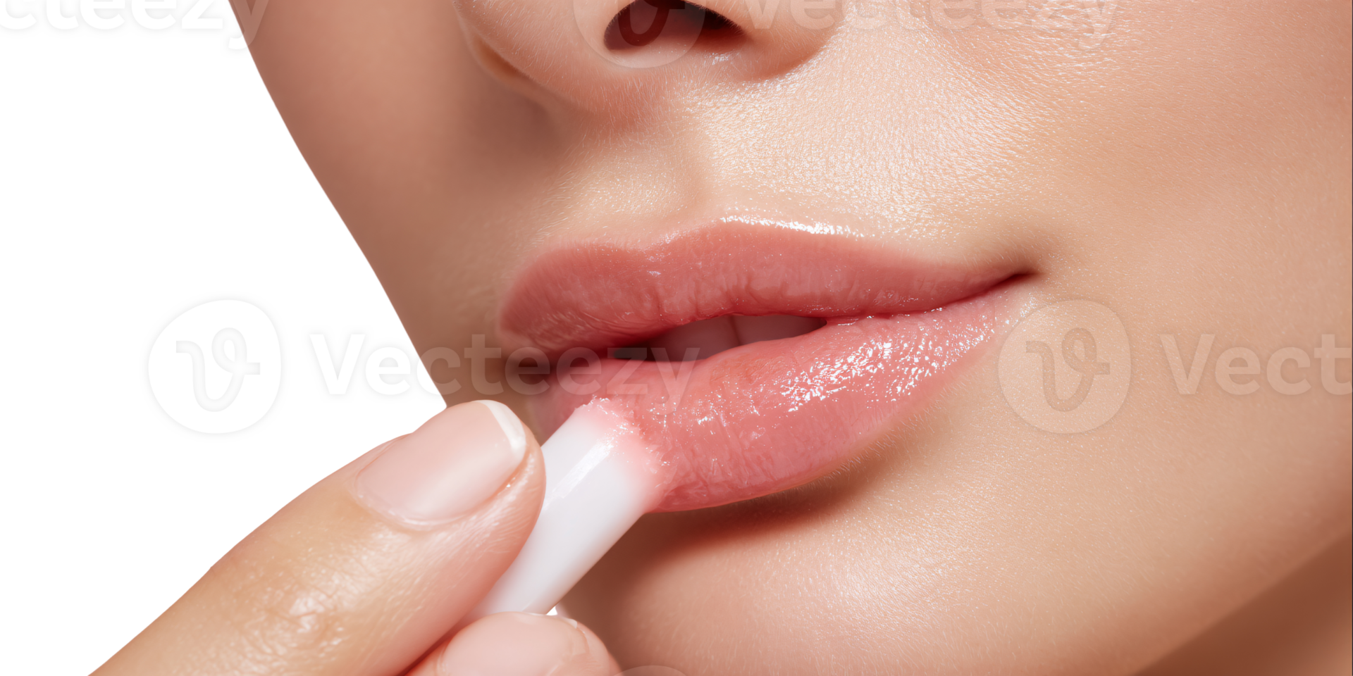 Closeup of a Caucasian woman applying lip balm for moisturizing and hydrating her lips Concept of beauty, skincare, and lip care routine png