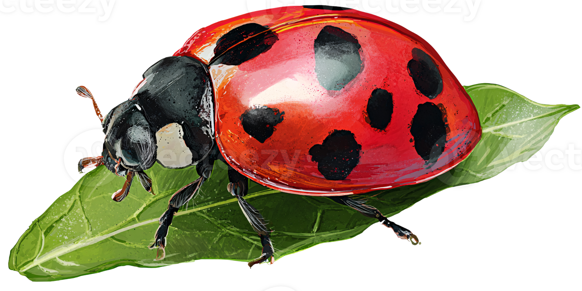 Detailed illustration of a red ladybug with black spots resting on a vibrant green leaf Concept of nature, spring, and beneficial insects png