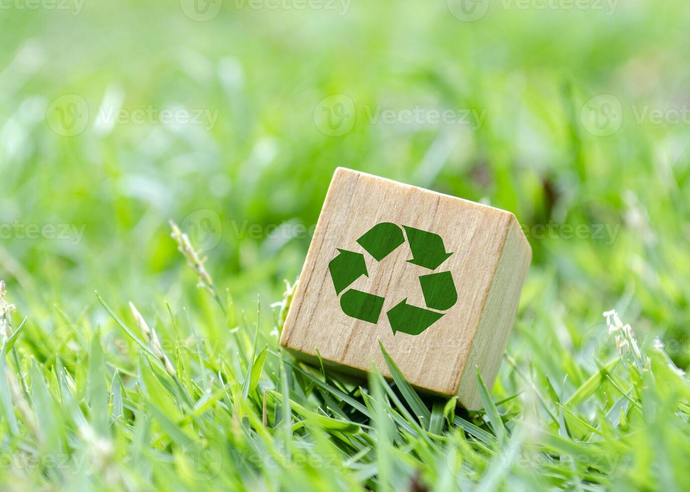 Wooden cube with recycle icon lying flat on grass. Recycling visual concept. photo