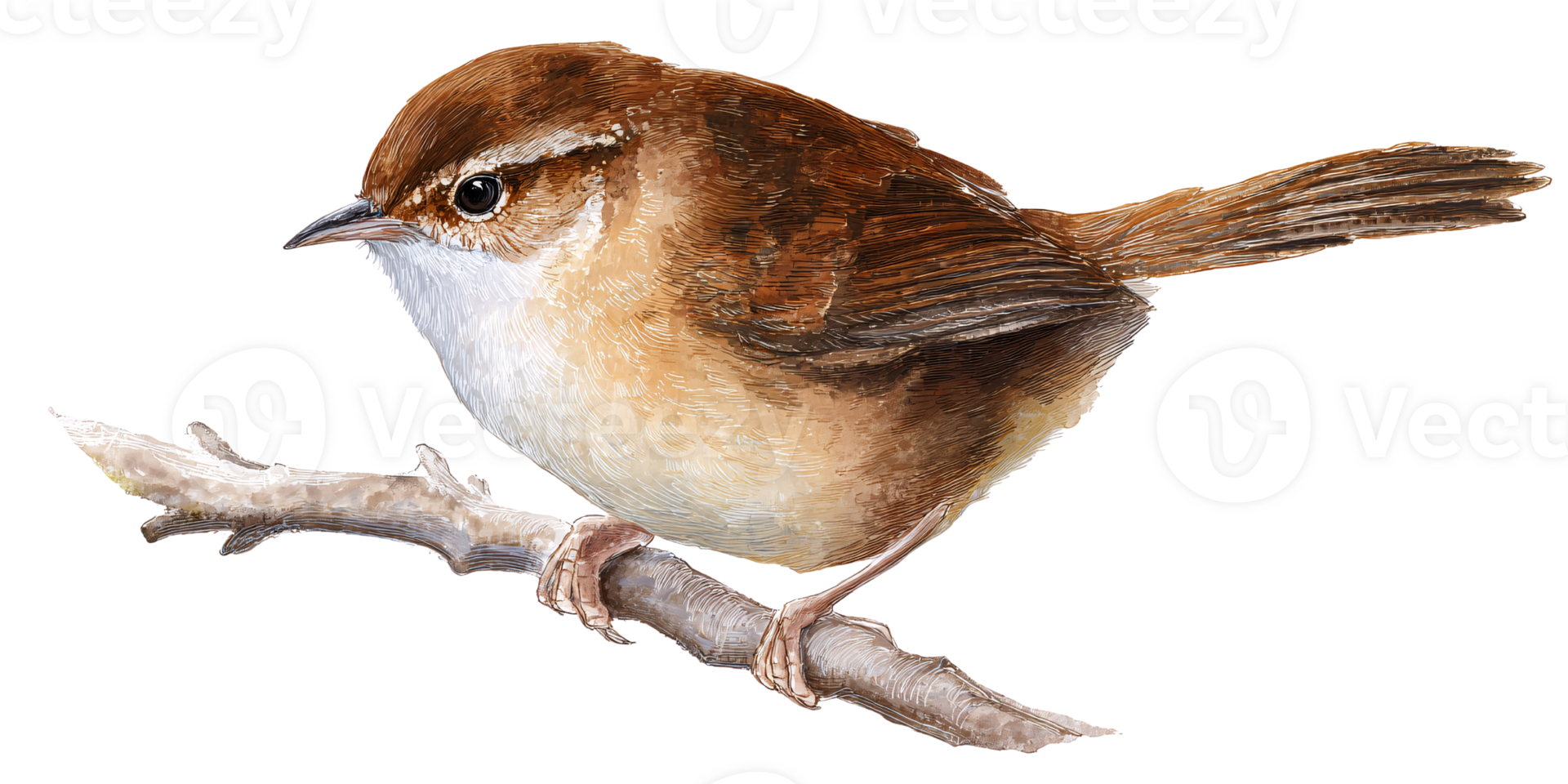 Watercolor illustration of a cute brown wren perched on a branch Detailed bird illustration for nature, wildlife, and ornithology concepts png
