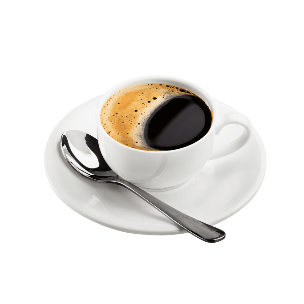 A cup of coffee on transparent background. Black tea cup with spoon. png