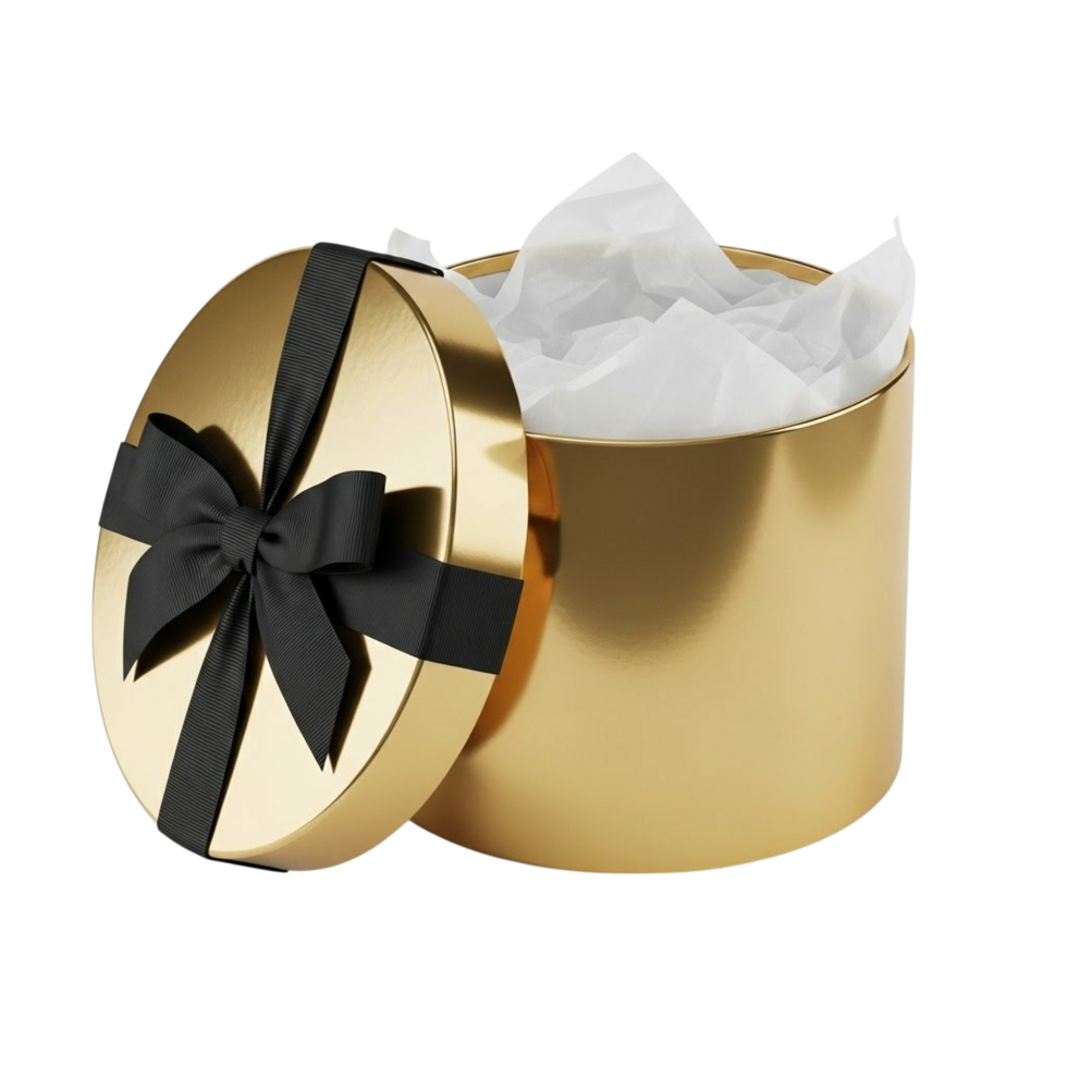 Luxurious open gold round gift box with black ribbon and white tissue paper png