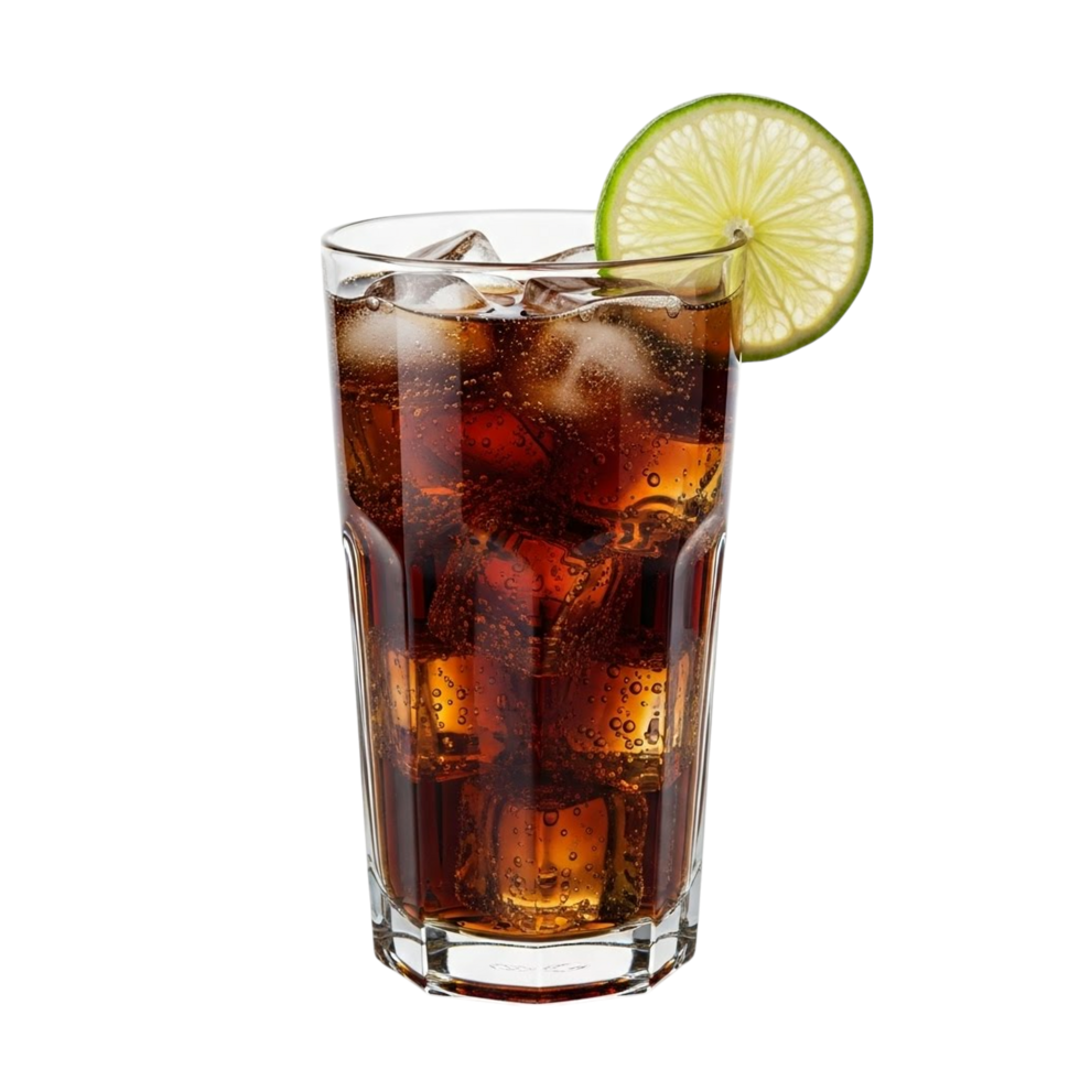 Refreshing cola drink with ice and a lime wedge on a transparent background png
