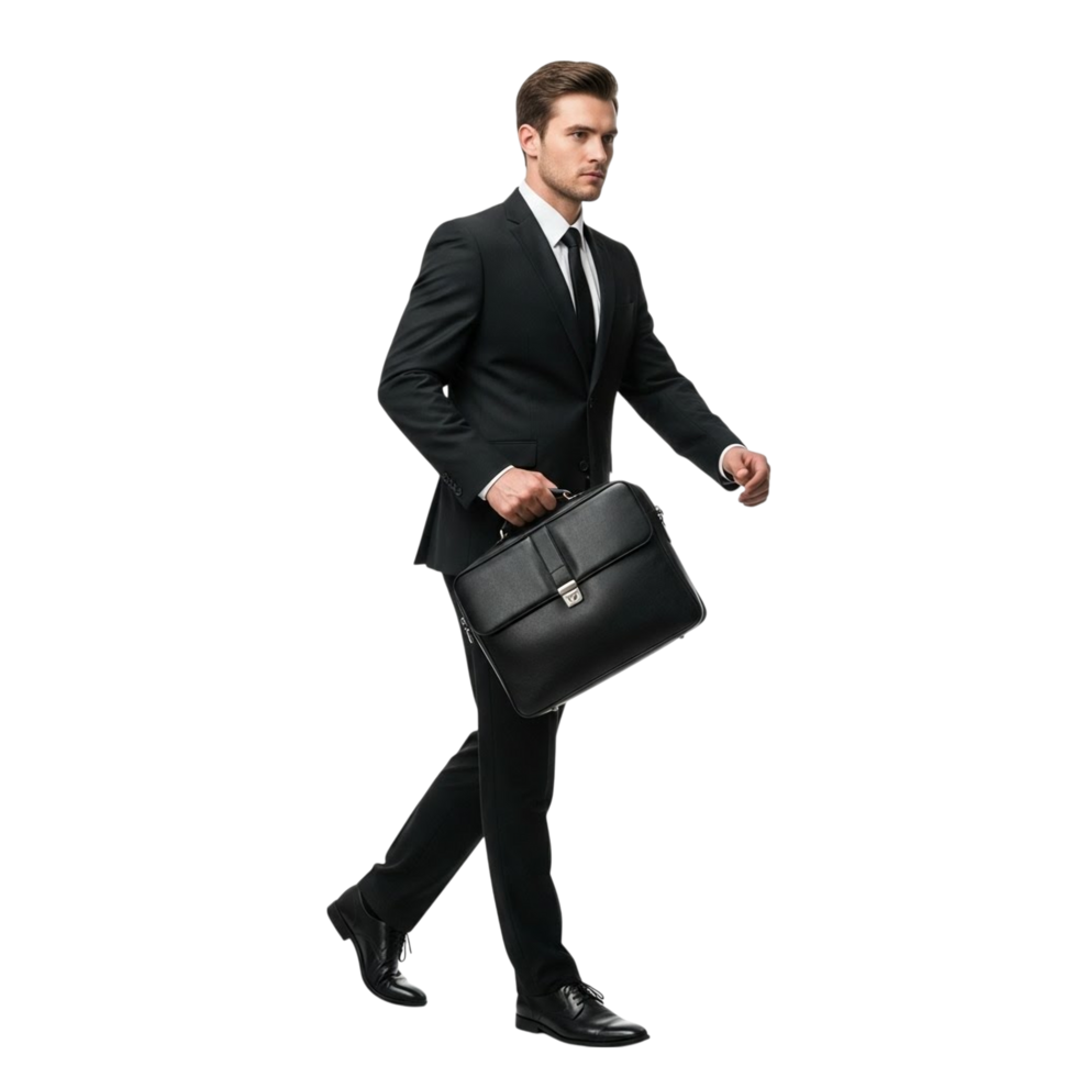 Professional businessman in a black suit walking with a briefcase on a transparent background png