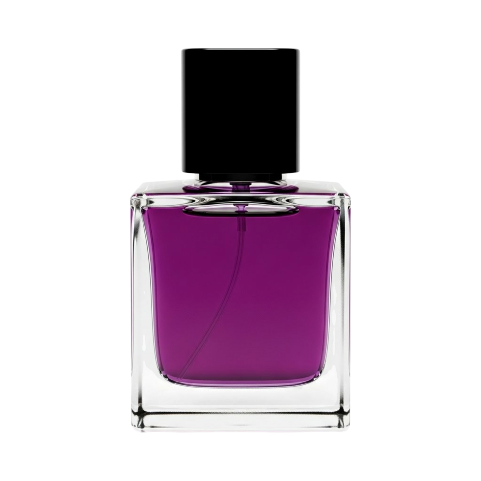 Elegant glass perfume bottle filled with rich purple liquid and a black cap png
