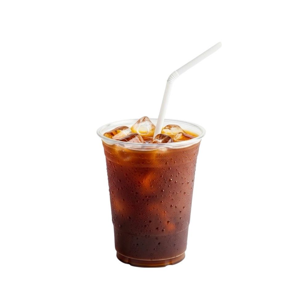 Refreshing iced coffee in a clear plastic cup with a white straw png