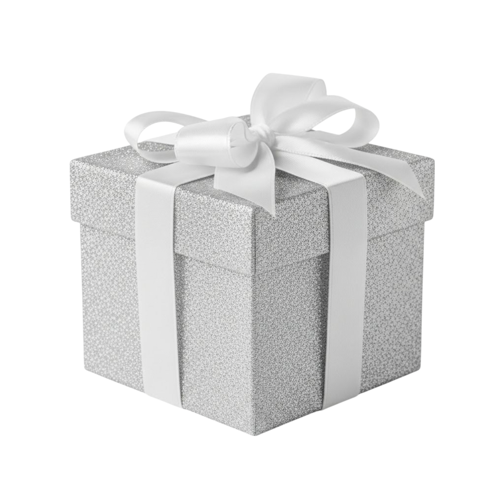 Elegant silver glitter gift box tied with a white satin ribbon and bow png