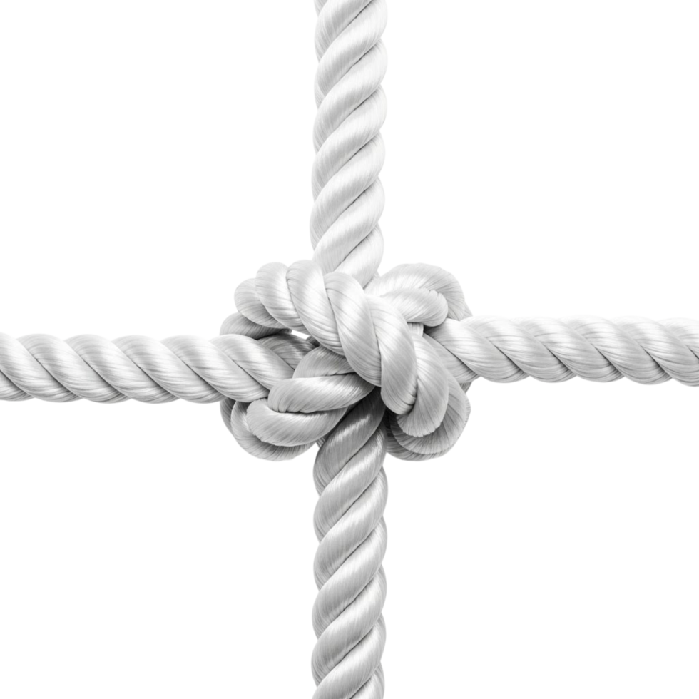 Close up of a thick white rope tied in a secure knot on a transparent background png