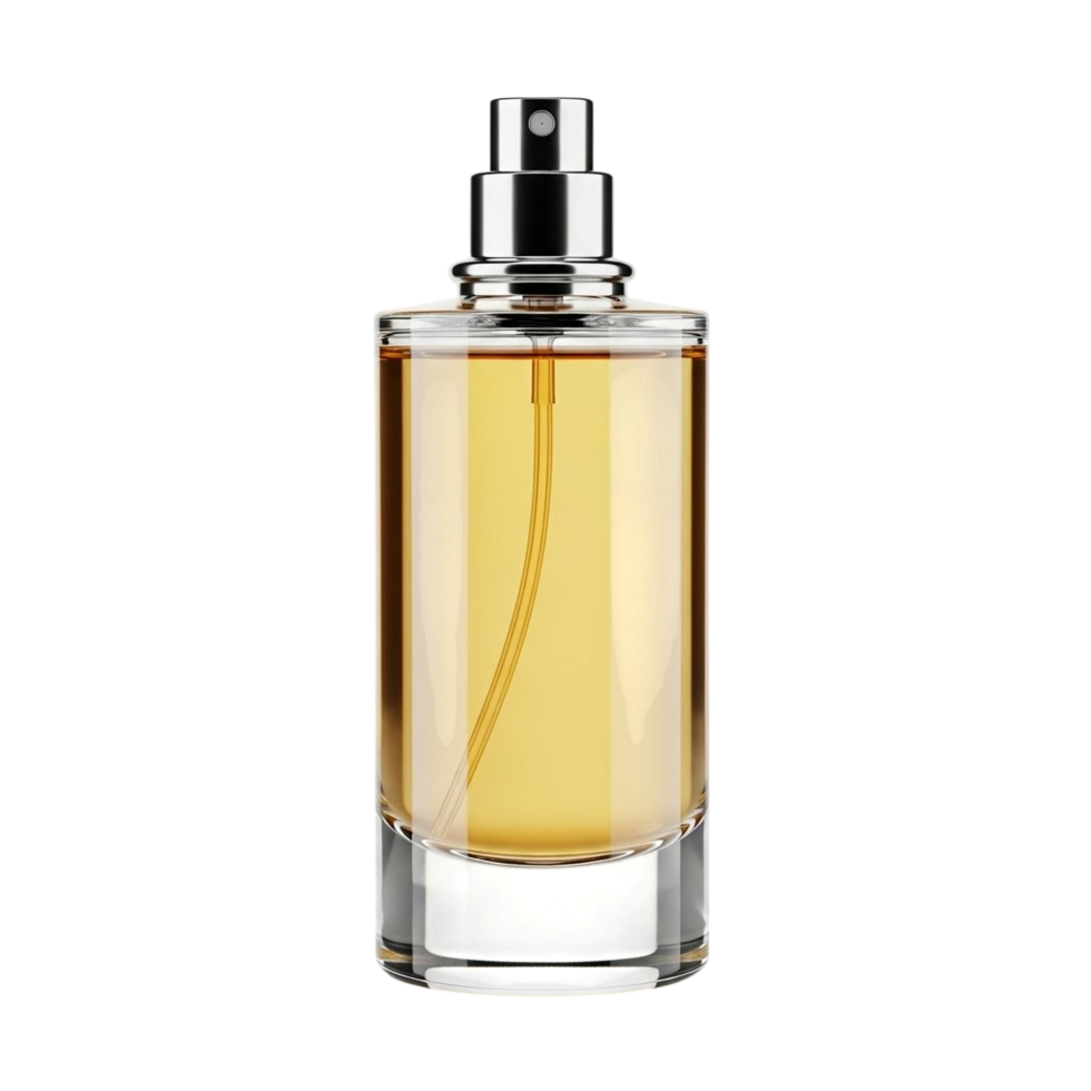 Elegant glass perfume bottle with golden liquid and silver spray nozzle png