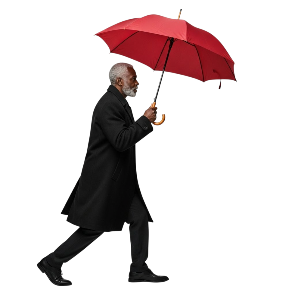 Elderly black man walking with a red umbrella in a black coat png