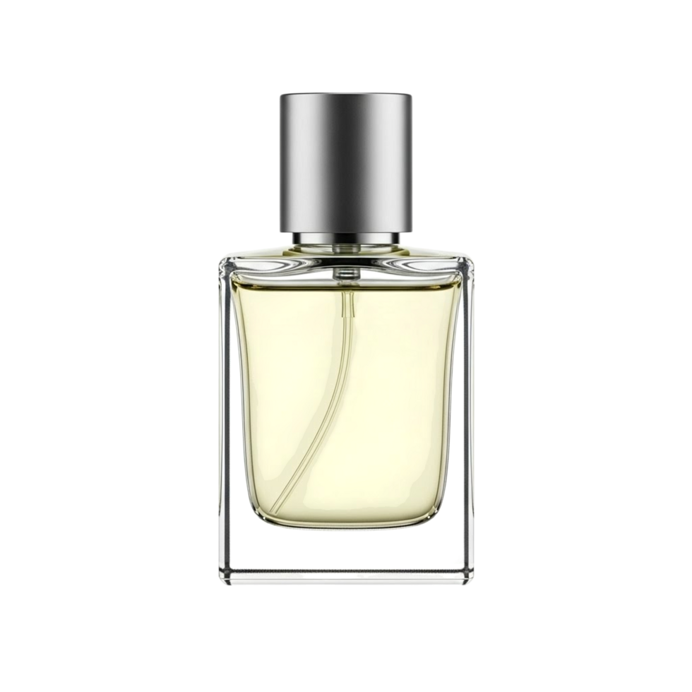 Elegant rectangular glass perfume bottle with silver cap and light yellow liquid png