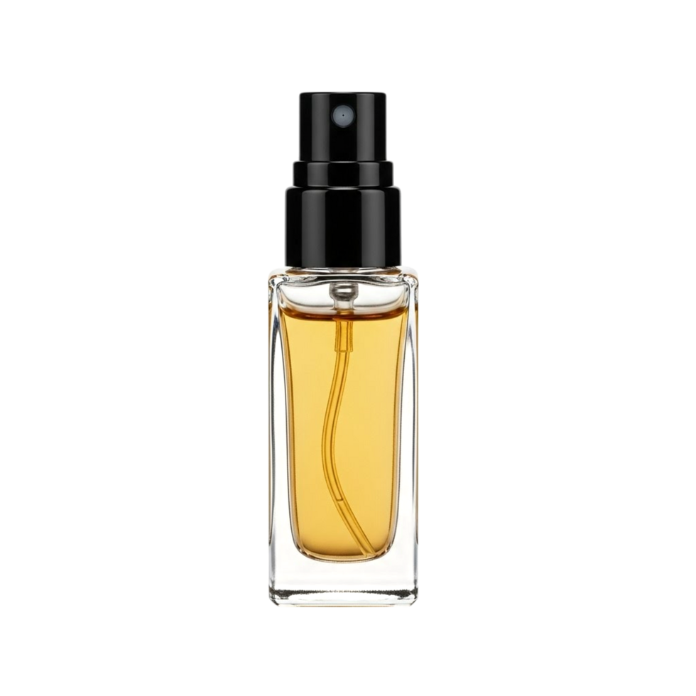 Elegant clear glass perfume bottle with golden liquid and black spray cap png