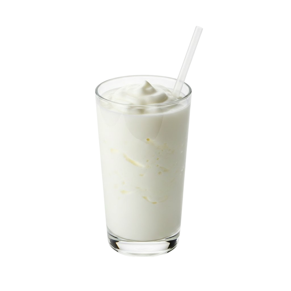 A tall glass filled with a creamy white beverage and a clear straw png
