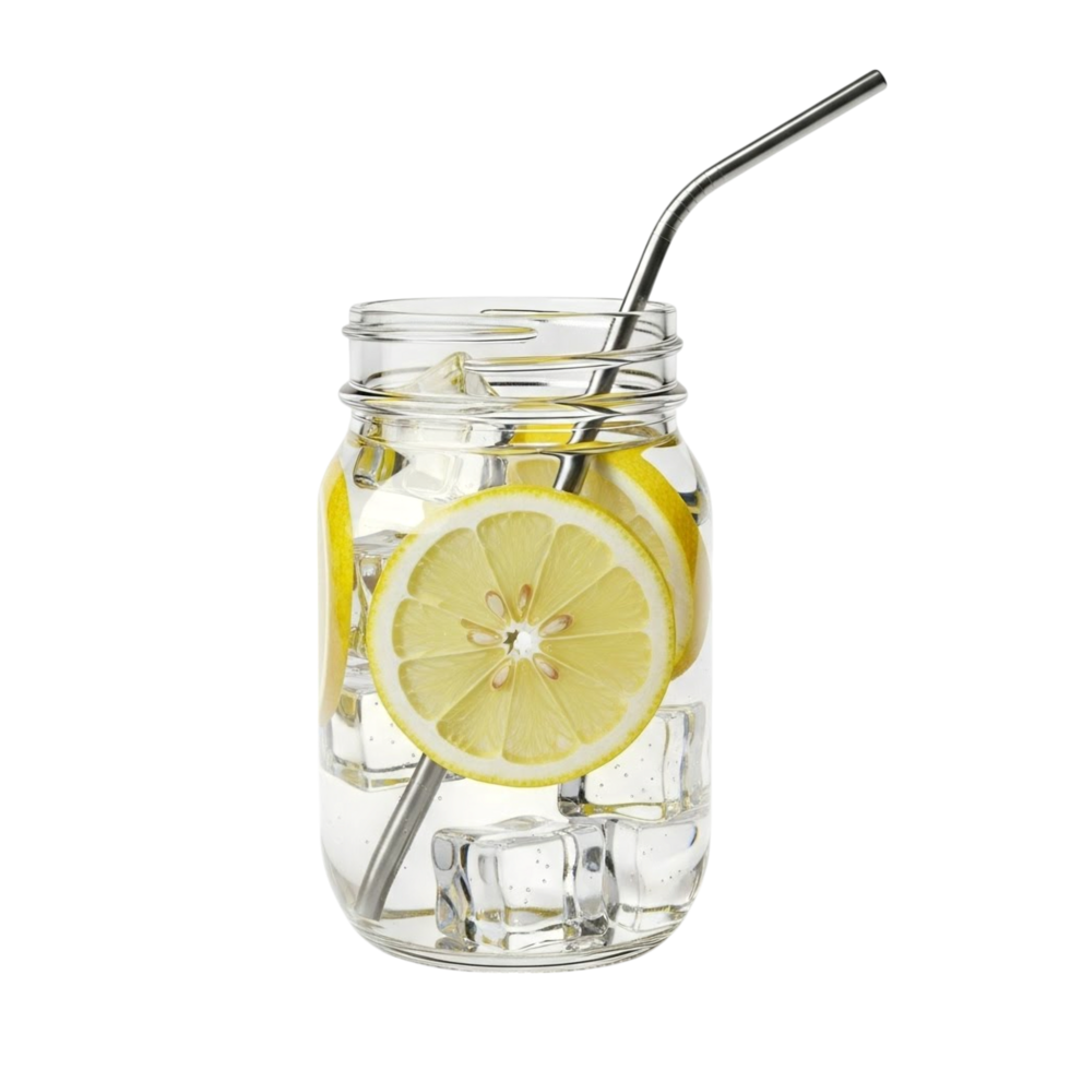 Refreshing lemonade in a jar with ice and a metal straw png