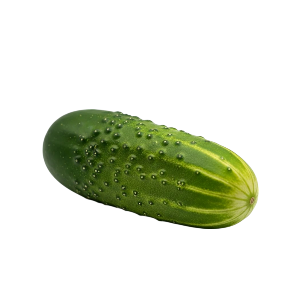 A single fresh green cucumber with bumps and stripes isolated on a transparent background png