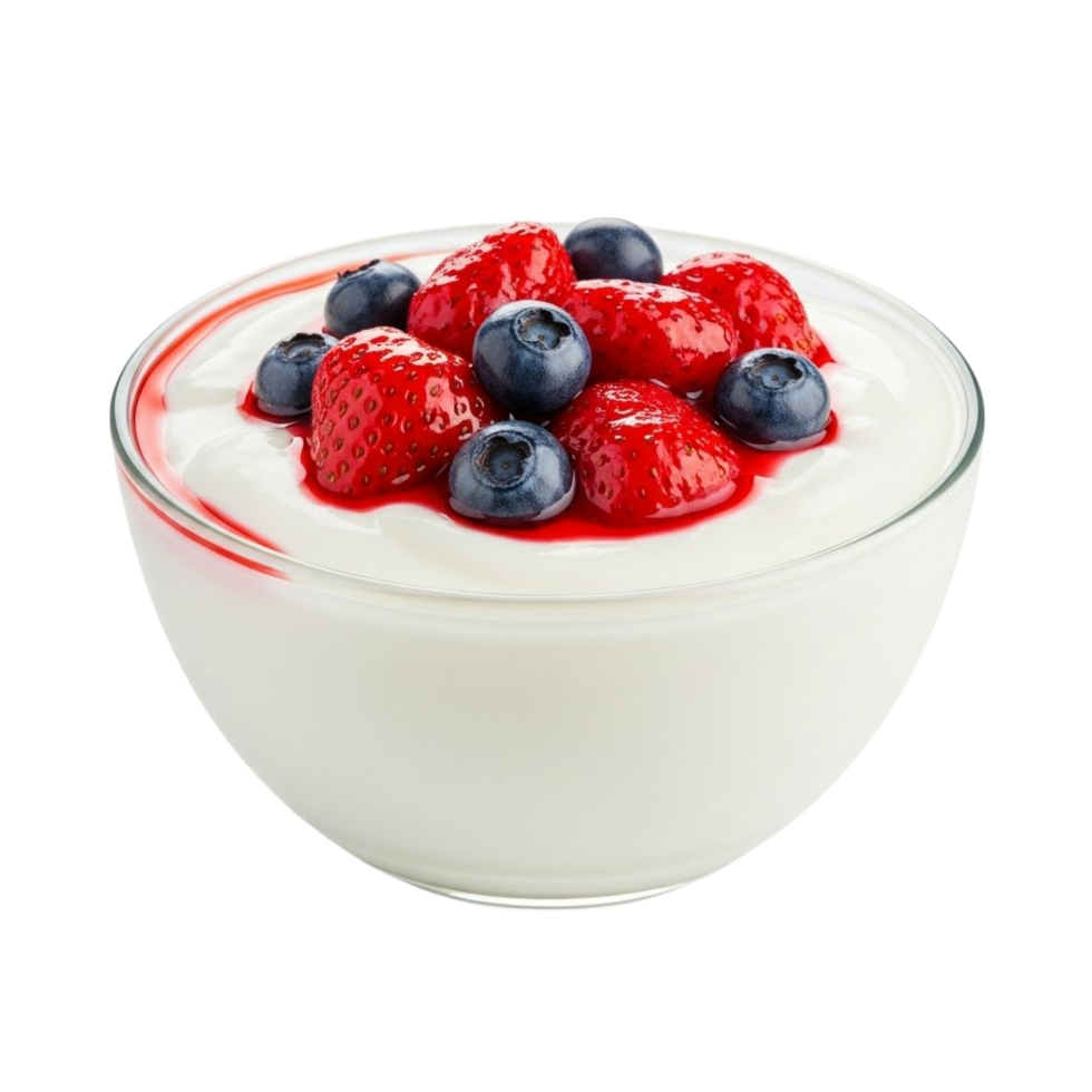 Delicious yogurt bowl topped with fresh strawberries and blueberries png