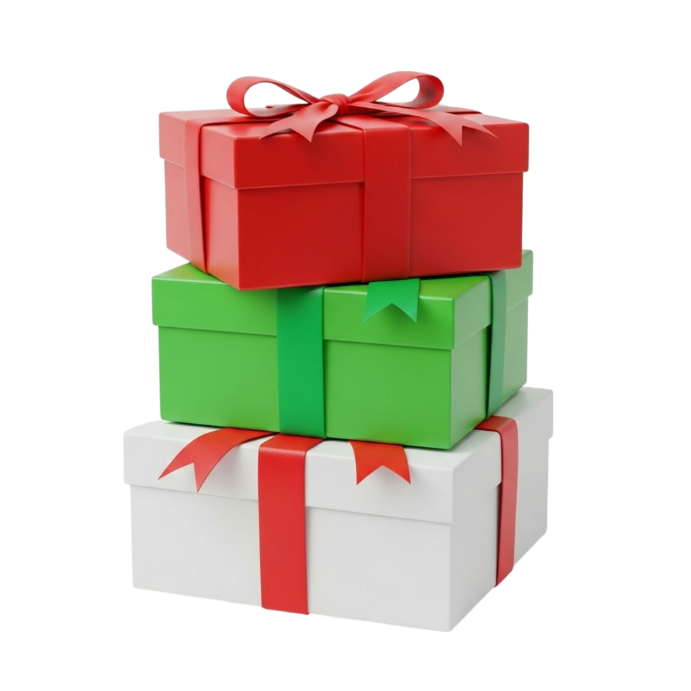 Stack of three colorful gift boxes tied with ribbons ready for celebration png